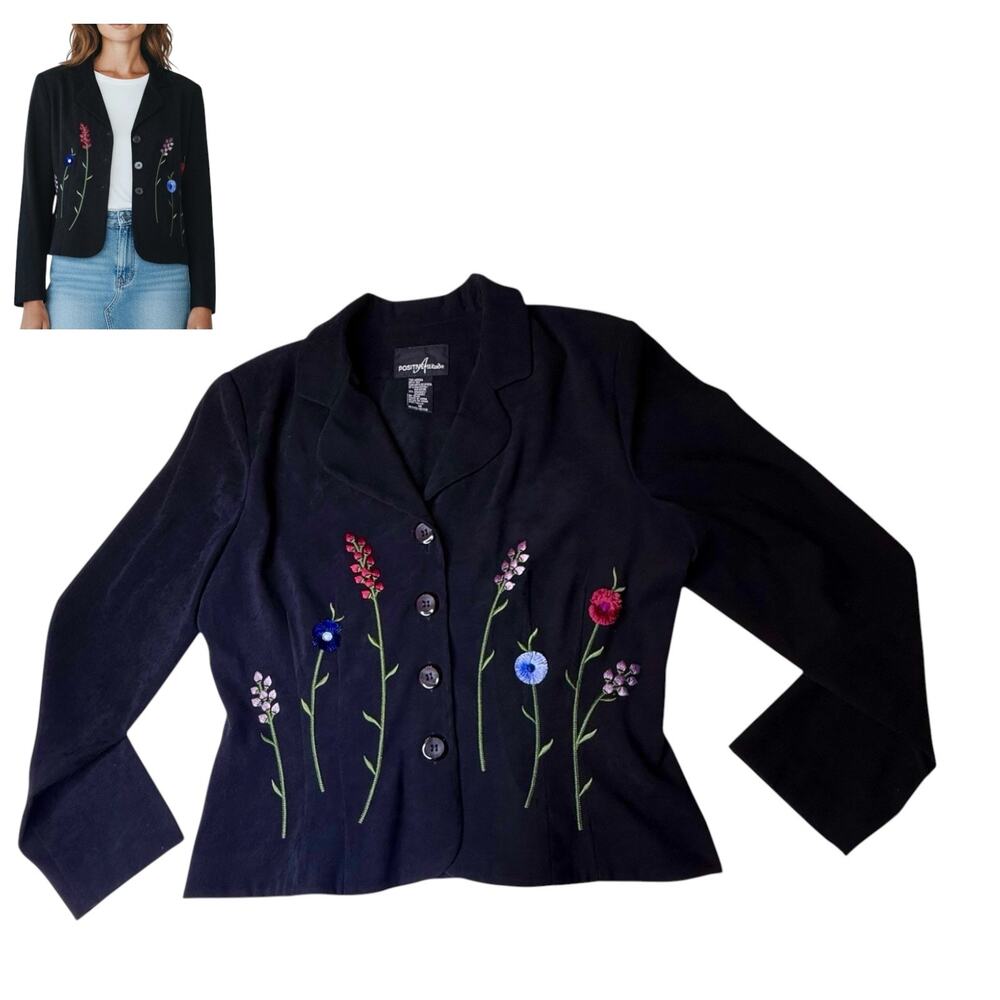 Positive Attitude Floral Embroidered Jacket Sz 10p Button Up Collar Blazer Black
